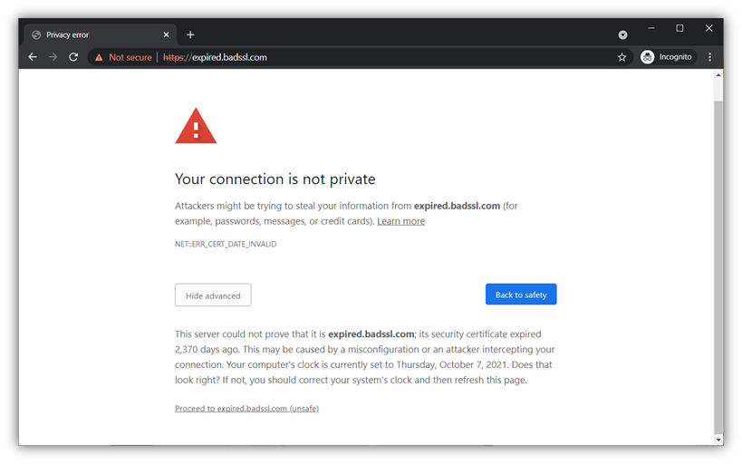 A screenshot of an example warning message that displays on sites using expired SSL/TLS certificates. This is a demonstrative illustration for the benefits of PKI automation.