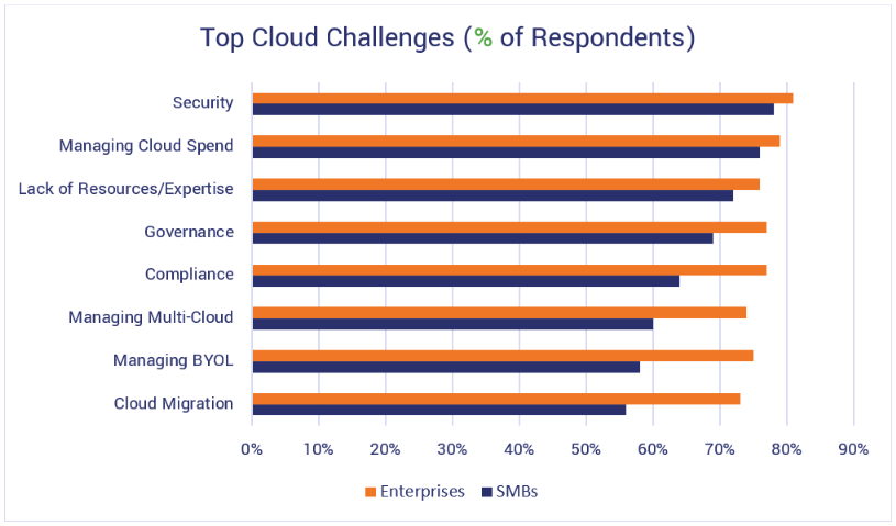 Small business cyber security statistics graphic: This bar chart highlights the top cloud challenges for small businesses and enterprises.