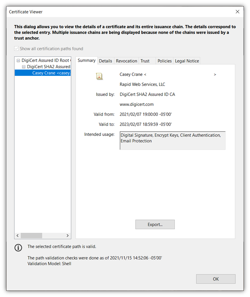 This digital signature process screenshot  showcases the digital signature-related information for a digitally signed PDF file