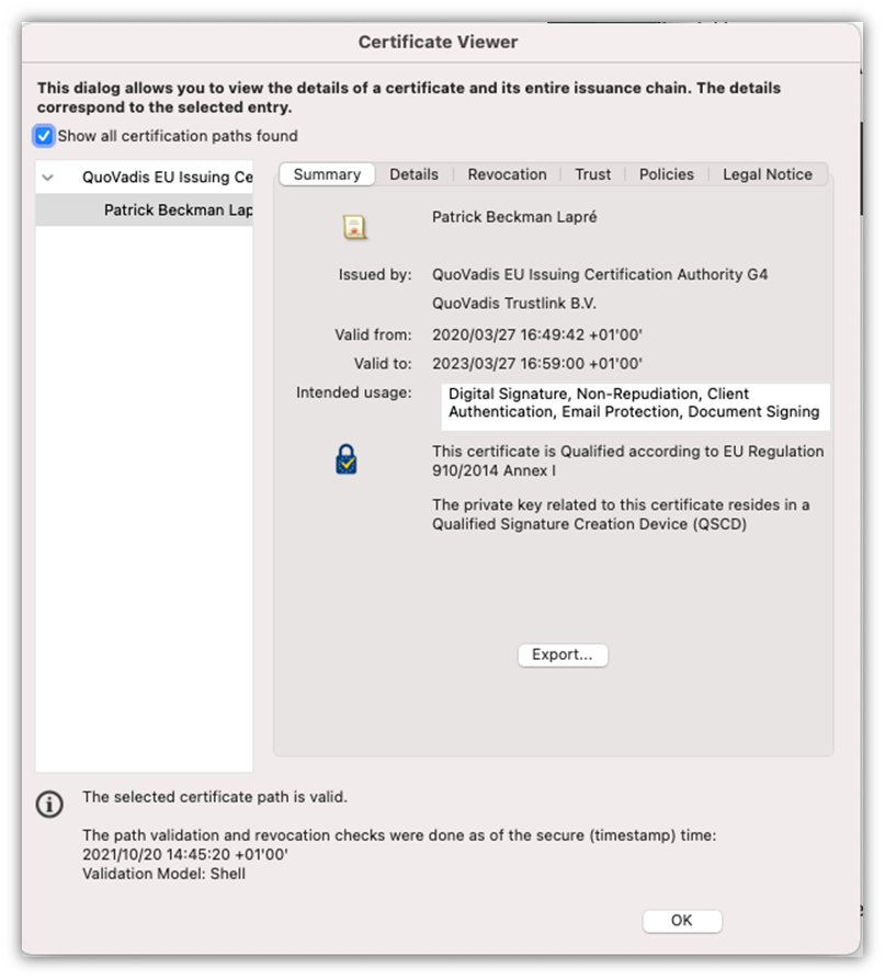 An example digital signature on a PDF from DigiCert