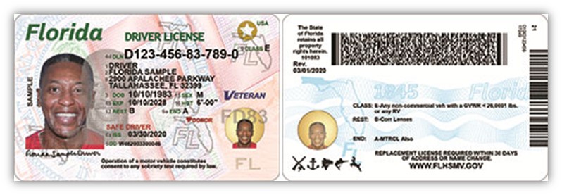A set of screenshots of an example Florida driver's license that demonstrates the concept of fraud security measures.