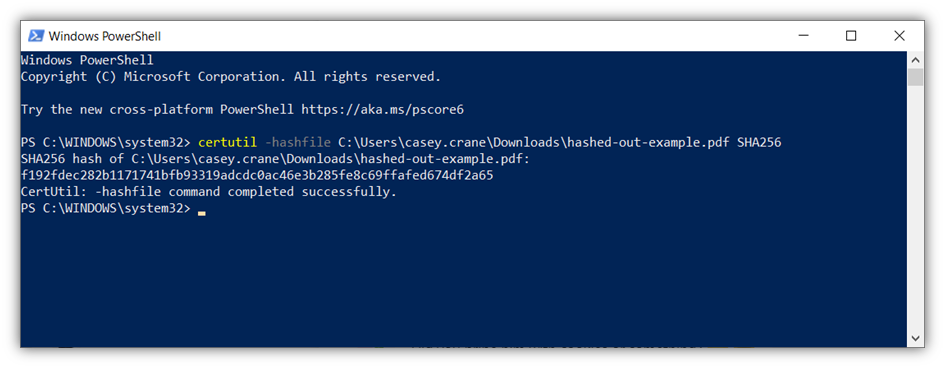 A screenshot of hashed file's checksum process in Microsoft PowerShell