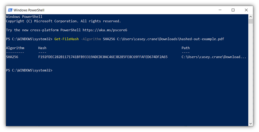 A screenshot of file hashing in Microsoft PowerShell