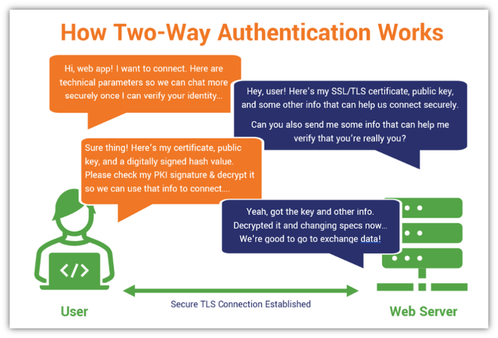 An illustration depicting how mutual authentication works using public key signatures