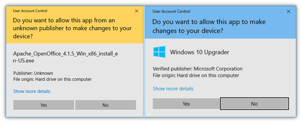A side-by-side comparison set of screenshots that shows the message that appears for software from an unknown publisher versus a known publisher.