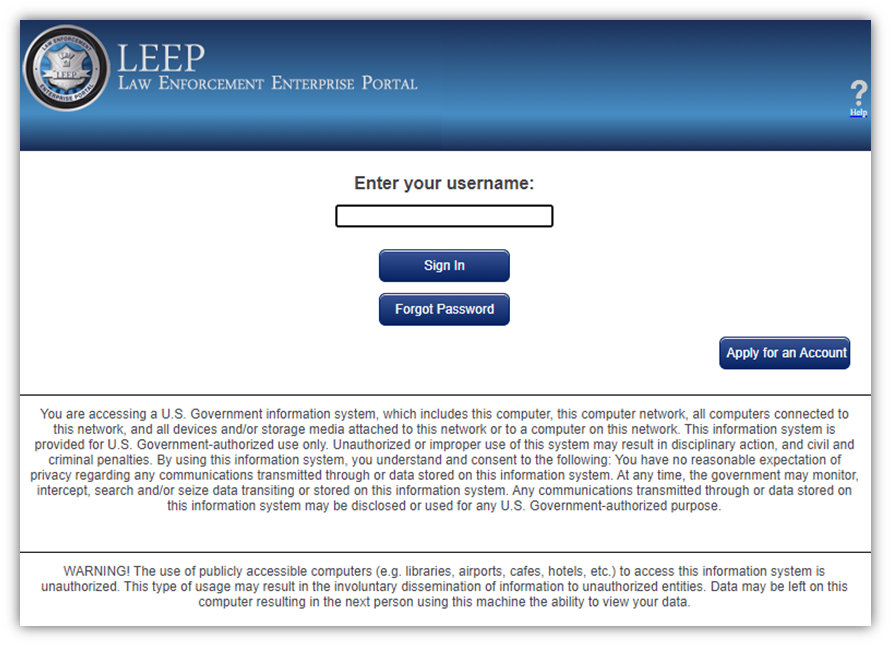 A screenshot of the LEEP login page