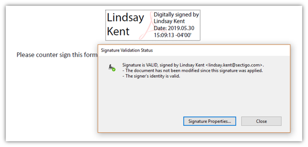 A screenshot of a digitally signed email's public key signature message