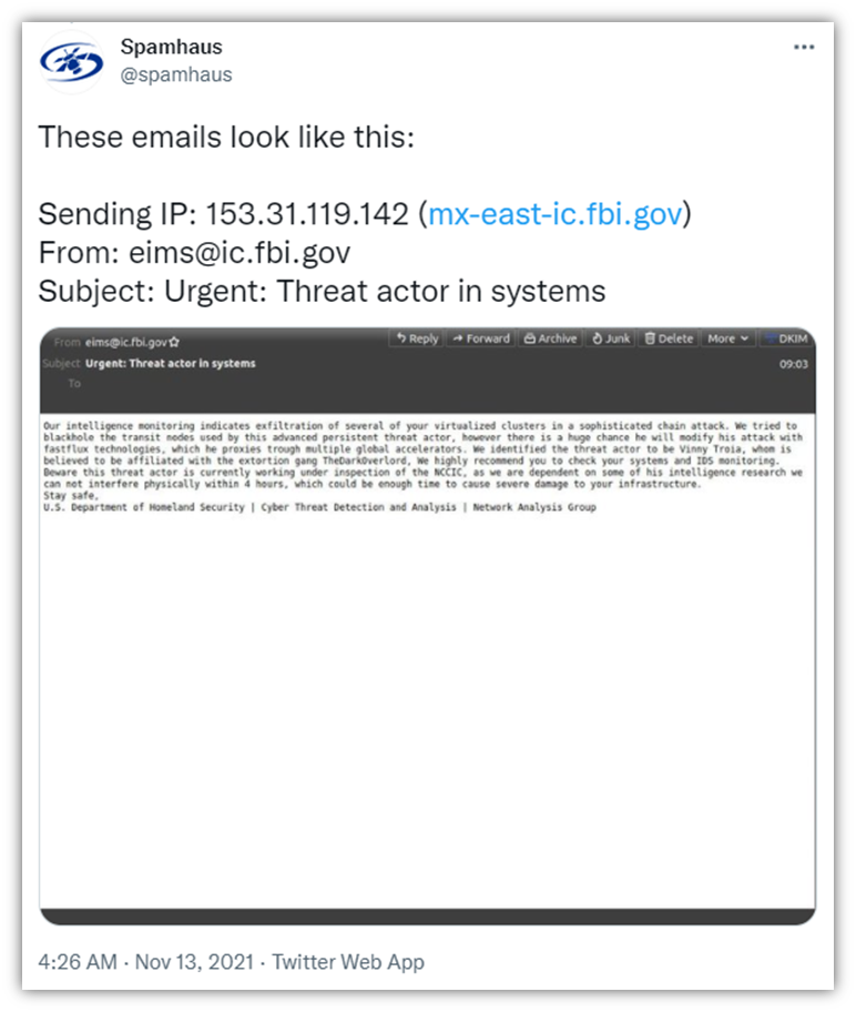 A screenshot of a Spamhaus Project tweet that showcases the attacker's phony email message