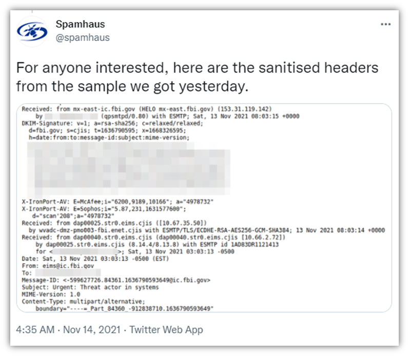 A screenshot of a Spamhaus Project tweet that showcases the sanitized email header information