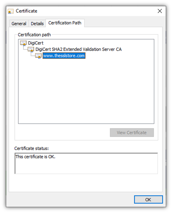 A screenshot of an SSL/TLS certificate chain of trust 