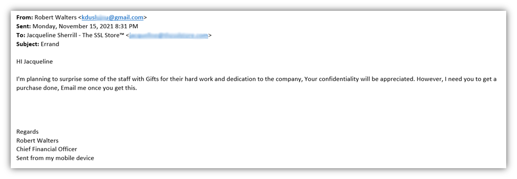 Phishing examples: A screenshot of a fake purchase request email received by The SSL Store