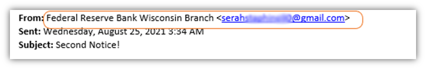 phishing examples graphic: a close-up of the sender's email address information in a beneficiary scam that was received by The SSL Store