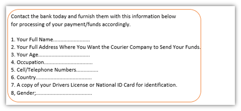 phishing examples graphic: a close-up of the types of data that were requested in this specific beneficiary scam that was received by The SSL Store