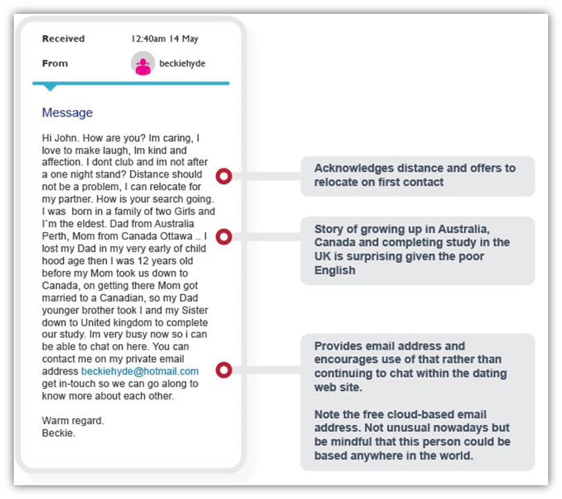 A screenshot of a relationship scam message from ScamWatch Australia