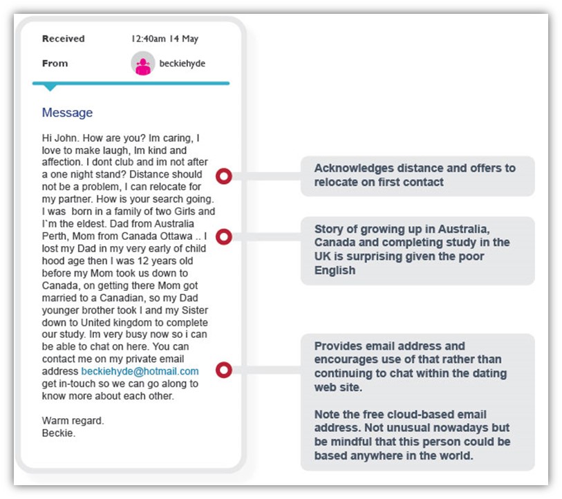 A screenshot of a relationship scam message from ScamWatch Australia