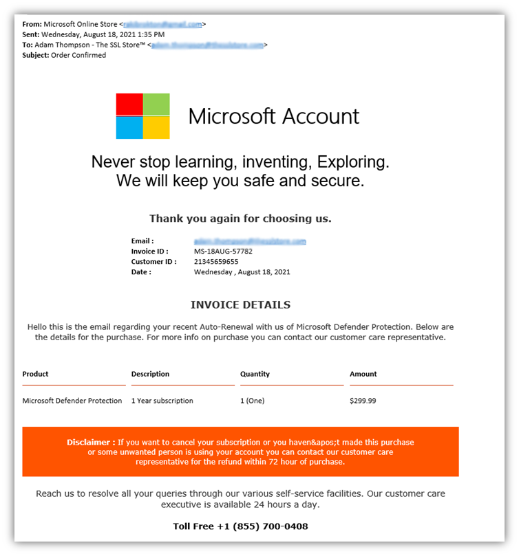A screenshot of a fake urgent email invoice received by The SSL Store