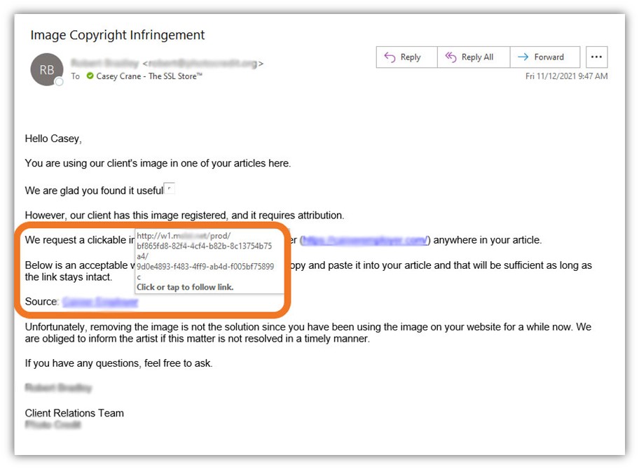 A screenshot of a copyright infringement notice phishing email that was received by The SSL Store