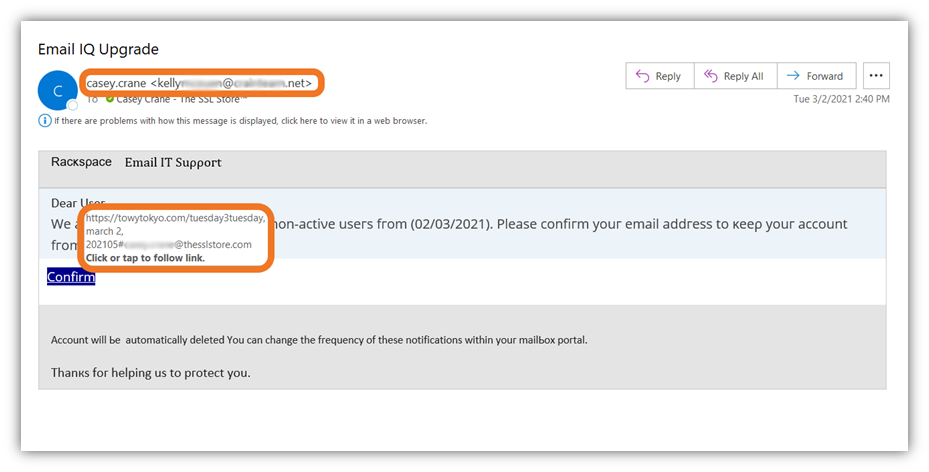 A screenshot of a poorly written phishing email that highlights the sender's "from" field information and an embedded phishing link (received by The SSL Store)