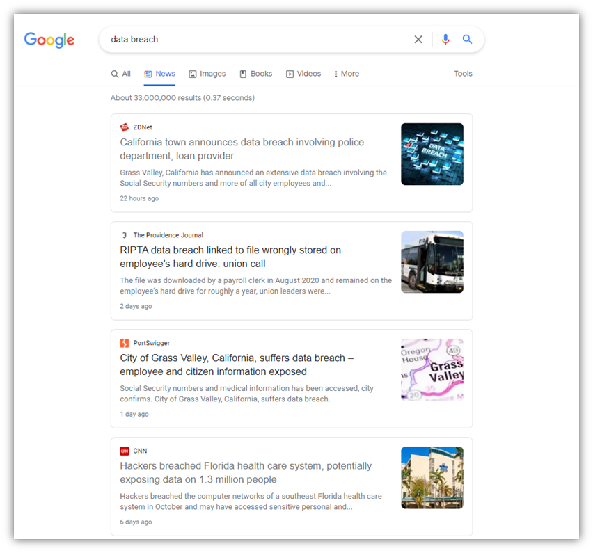 A screenshot of Google News headlines relating to data breaches