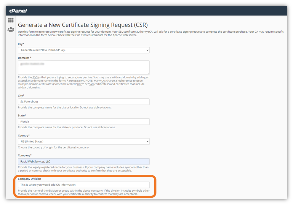 A screenshot of the cPanel CSR form that includes a "Company Division" field that adds OU information to issued SSL/TSL certificates.