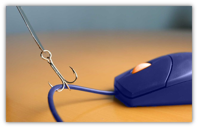 An illustrative graphic showing a computer mouse that's hooked by a fishing lure to illustrate the concept of phishing