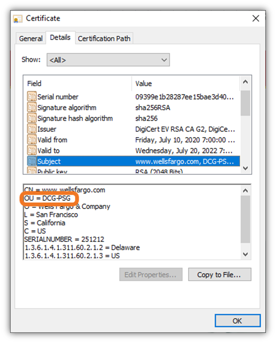 A screenshot of the Subject information, which includes OU data, for the official Wells Fargo website. 
