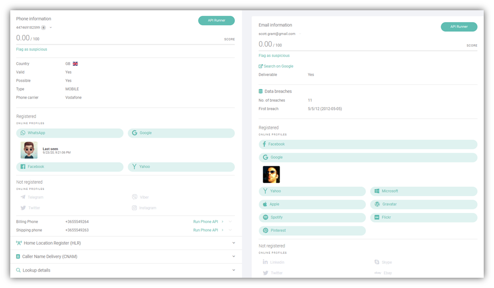 A screenshot of SEON's reverse email tool lookup platform
