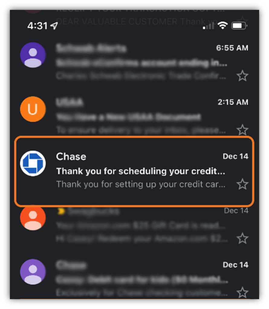 An example of what it looks like in a Gmail email inbox when Chase uses a VMC and BIMI