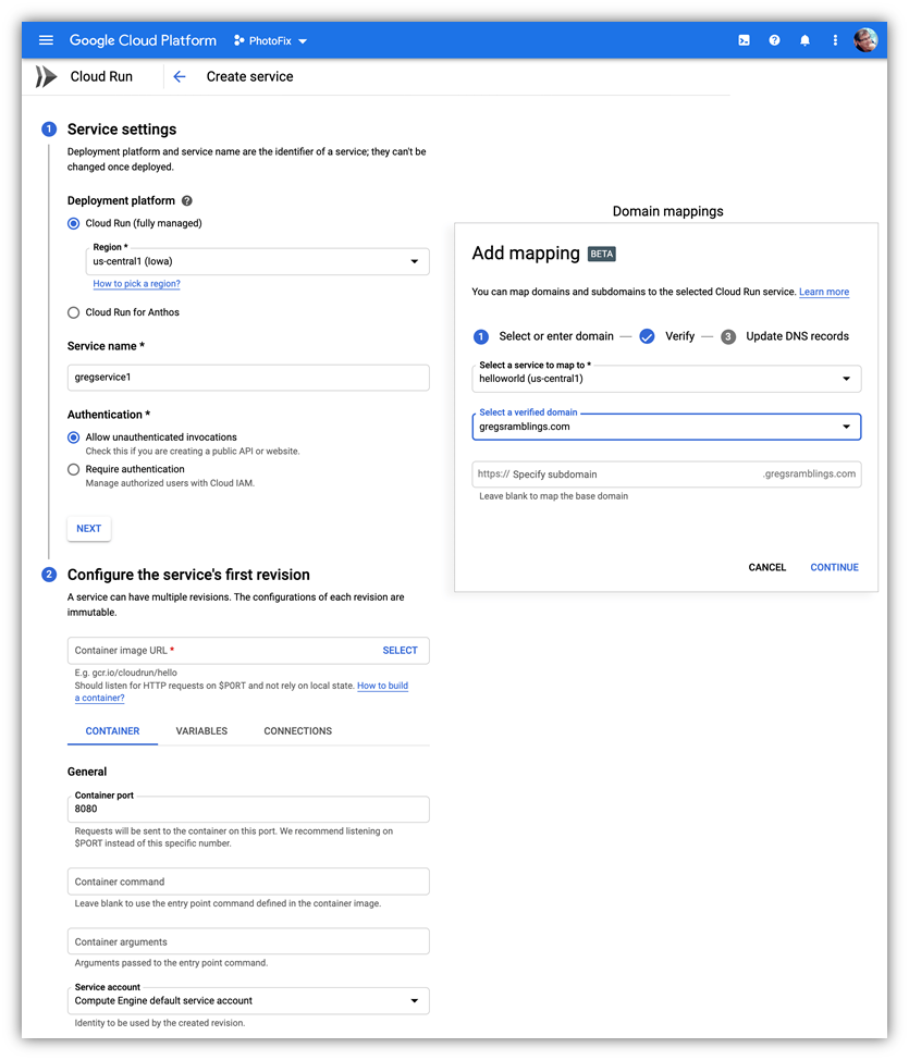 A screenshot of Google's Cloud Run platform. The original image came from gregramblings.com.
