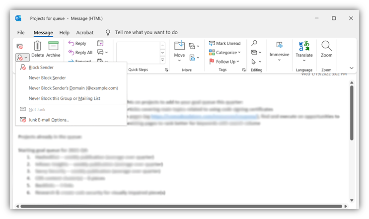 how to report suspicious emails graphic: A screenshot of where to find the "junk email options" and "block sender" tools in Outlook.