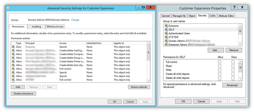 Ransomware prevention and protection graphic: A screenshot from Windows Active Directory (AD) that shows blurred out user permission control settings