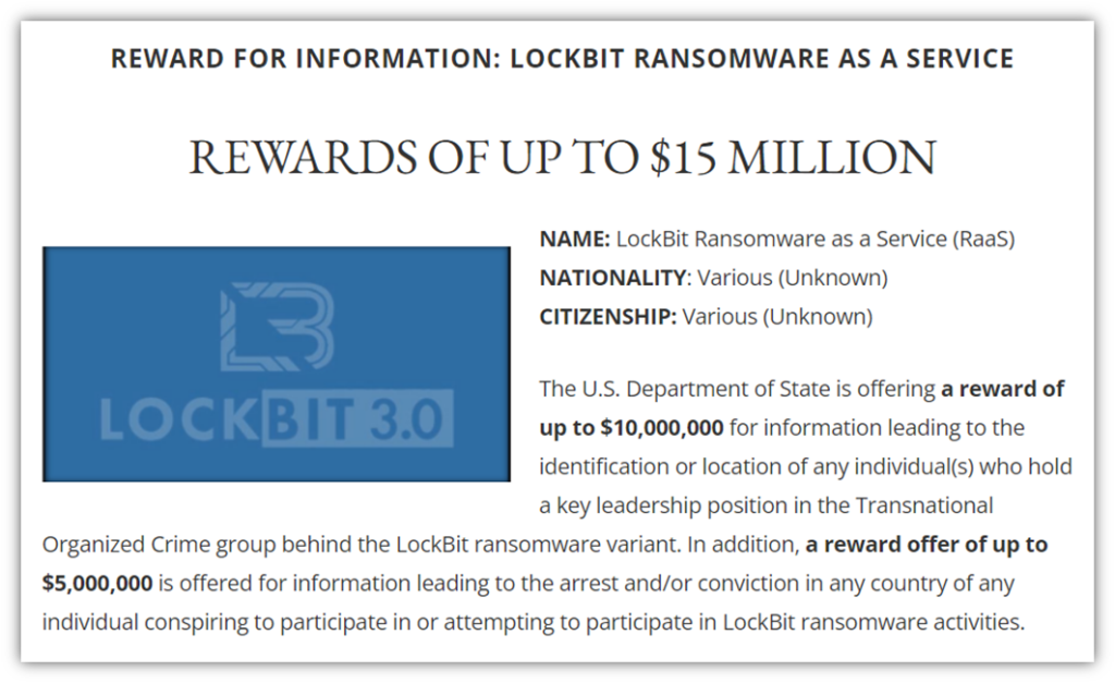 A screenshot of the U.S. Government's Wanted Reward offer for information relating to the identification, location, arrest, and/or conviction of LockBit RaaS members.