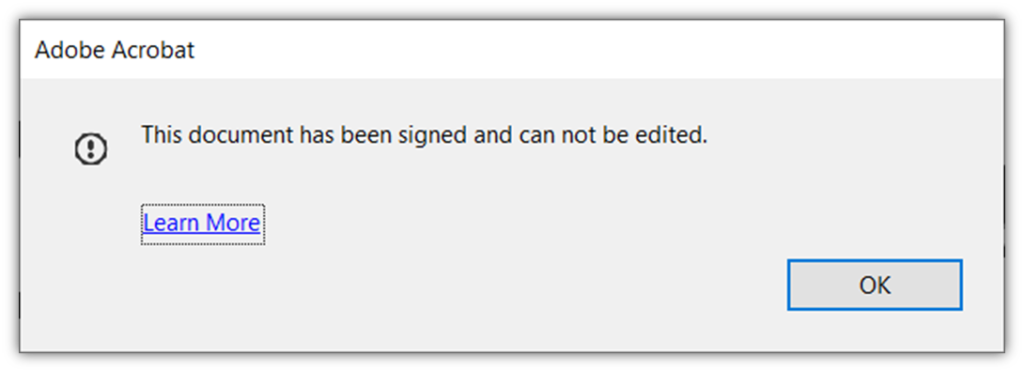 Adobe Acrobat message that warns that the PDF has been signed and cannot be altered.