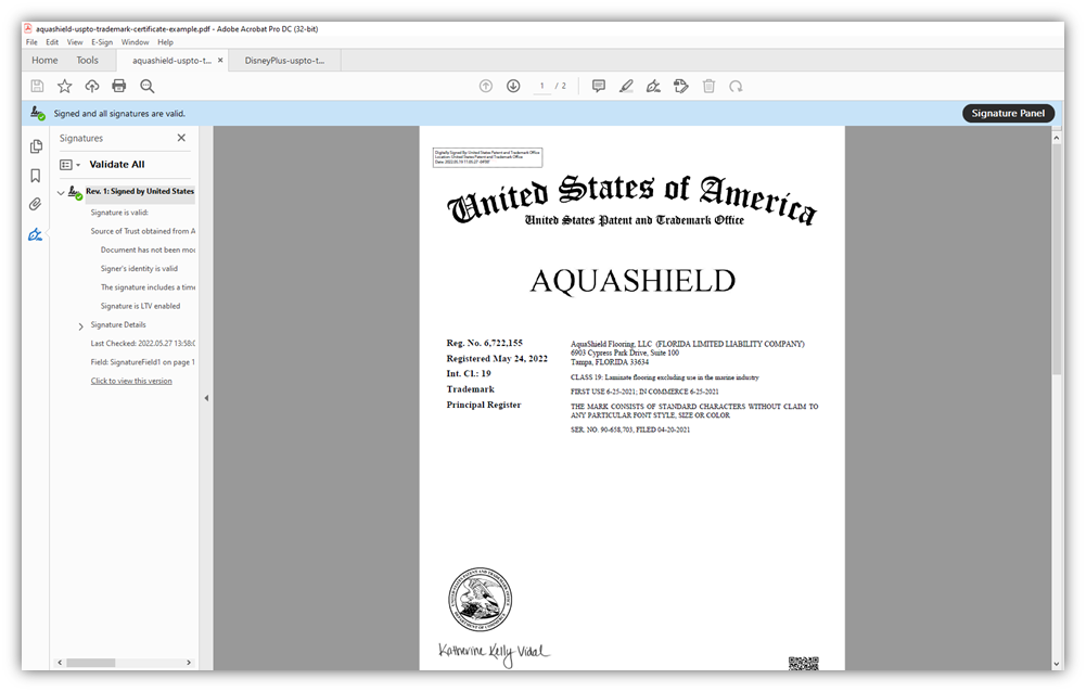 A screenshot of an electronic PDF that's been digitally signed 