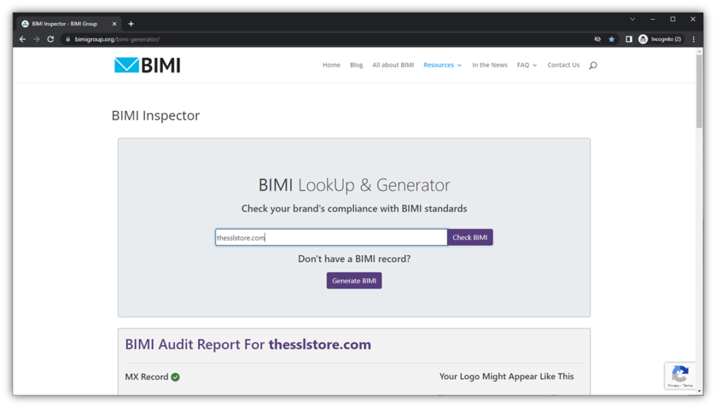 A screenshot of the BIMI Group's BIMI Inspector tool