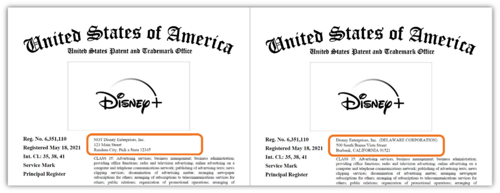 A side-by-side comparison of an unsigned trademark PDF file that shows one with the authentic company information and another that's been altered