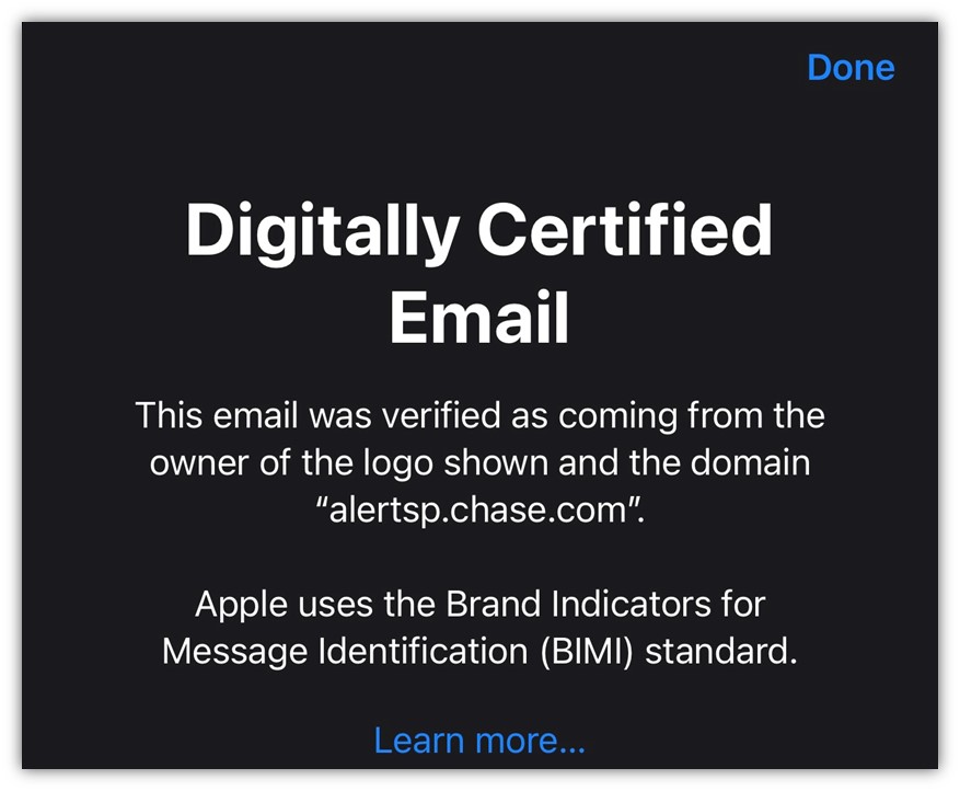 A screenshot of the BIMI message Apple displays to users in the iOS 16 and MacOS Ventura beta testing platform