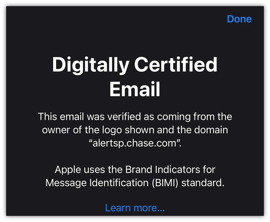 A screenshot of the BIMI message Apple displays to users in the iOS 16 and MacOS Ventura beta testing platform