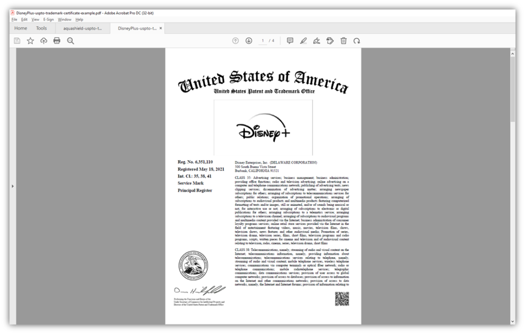 A screenshot of an electronic PDF of a Disney+ trademark