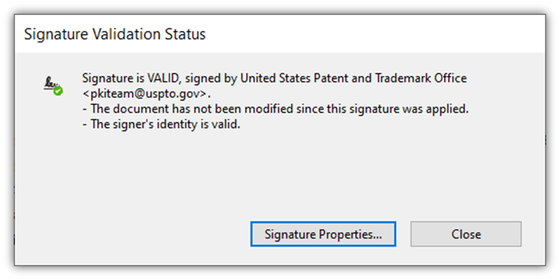 A screenshot of the USPTO's digital signature validation status message that displays in a digitally signed PDF 