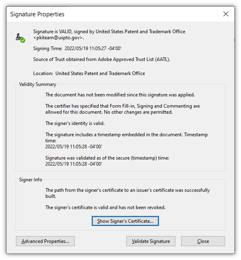 A screenshot of the USPTO's digital signature validation status timestamp information 