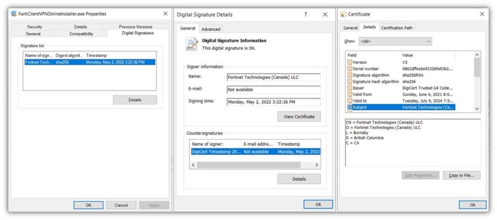 An example set of screenshots that shows the digital signature information for piece of software that's signed by a code signing certificate