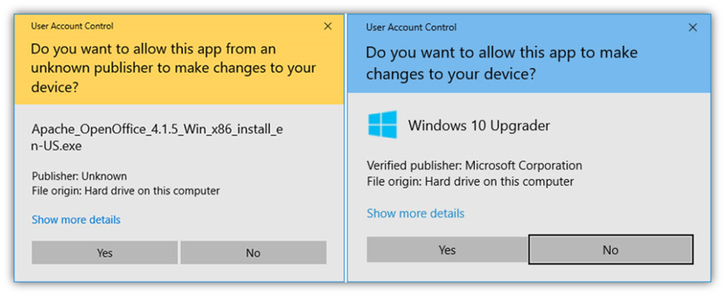 Side-by-side comparison screenshots of the Windows User Account Control pop-up screen. On the left is the unknown publisher warning message for unsigned software; on the right is a message that shows Microsoft Corporation as the verified publisher. 