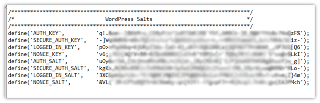 A screenshot example of WordPress salts