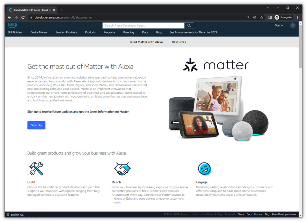 A screenshot of Amazon's Matter-related page for Alexa developers
