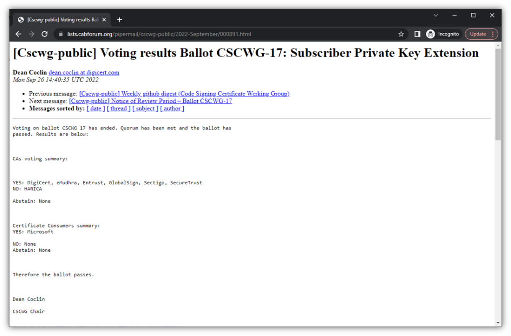 A screenshot from the CA/B Forum's public discussion email list. This screenshot shows the voting results of Ballot CSCWG-17 regarding the private key storage requirements extension. 