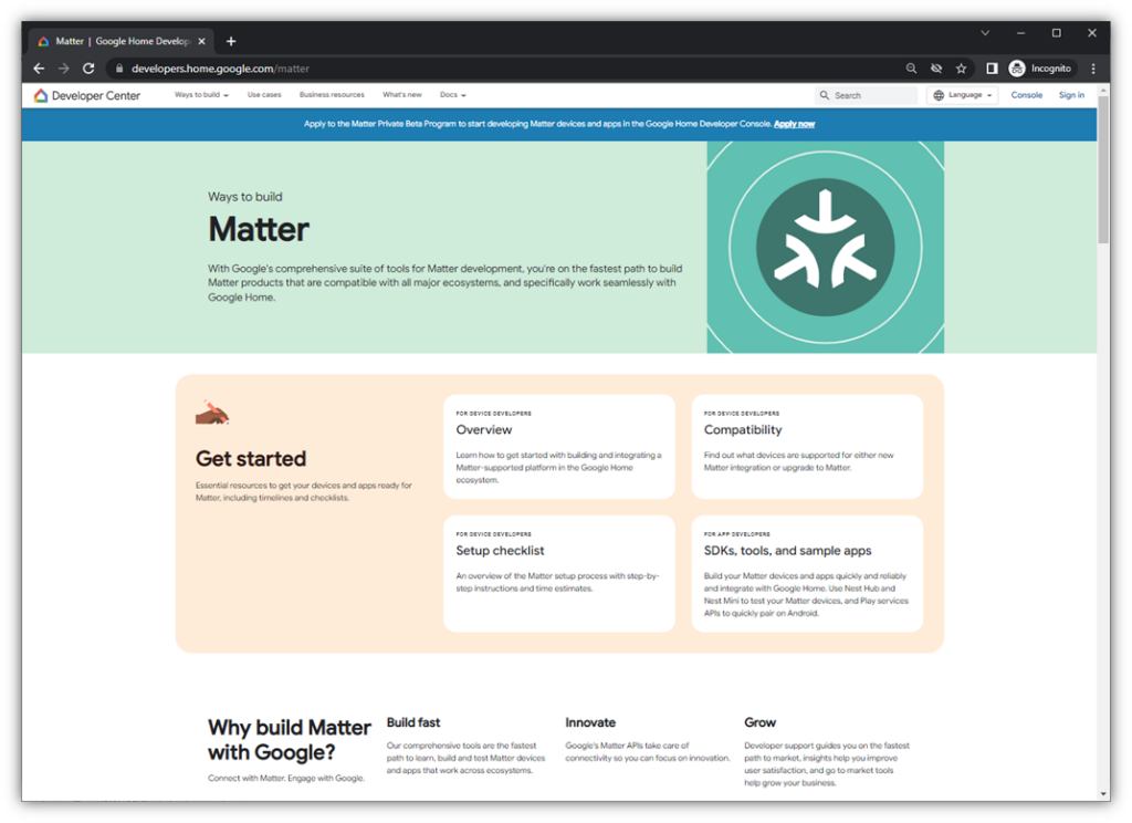 A screenshot of Google's Matter-related page for developers