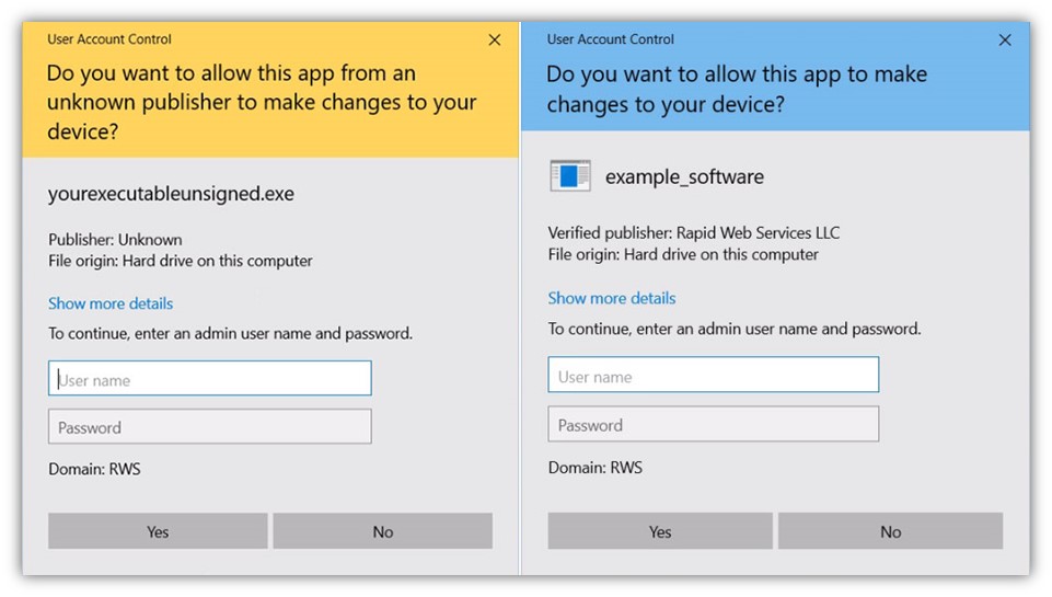 Two comparison screenshots: The left one is yellow and has "Unknown" listed as the publisher. The one on the right is blue and lists "Rapid Web Services LLC" as the verified publisher.