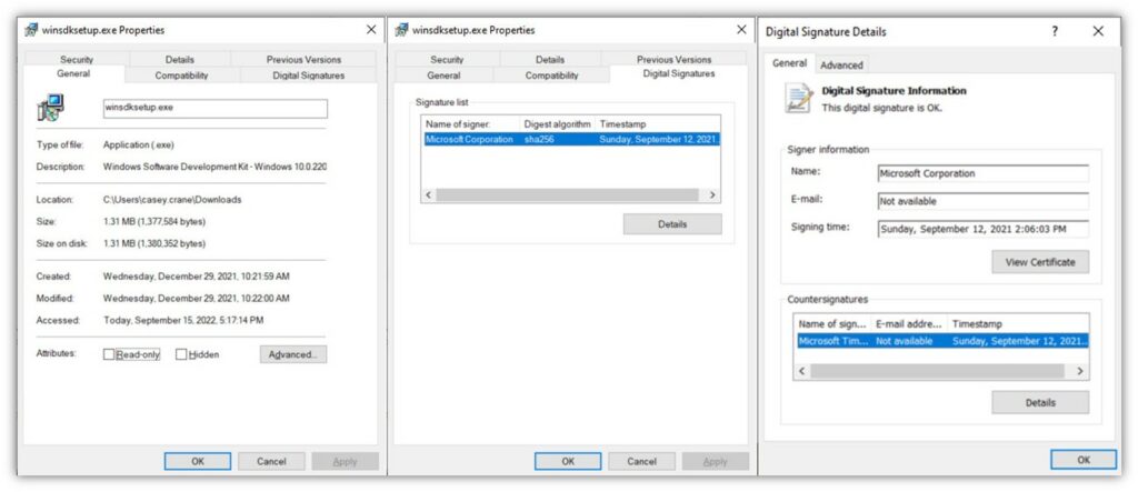 Three screenshots set side by side that walk you through where to find a signed executable's digital signature information.