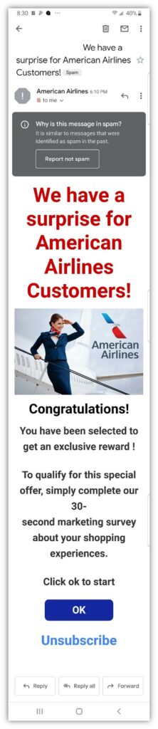 A brand impersonation scam email where an attacker pretends to be American Airlines